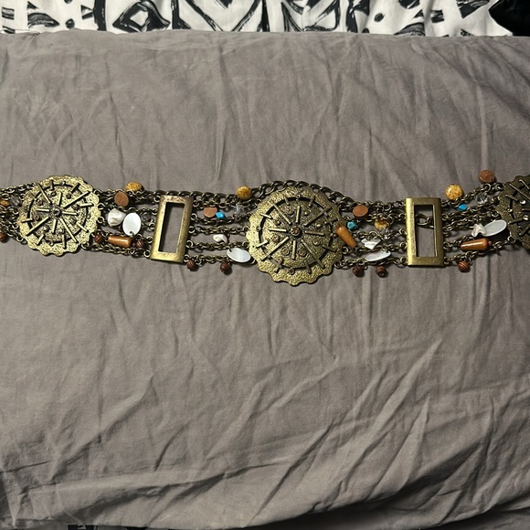 Chicos Vintage Gold metal chain belt medallion beaded Western Boho - Picture 2 of 5